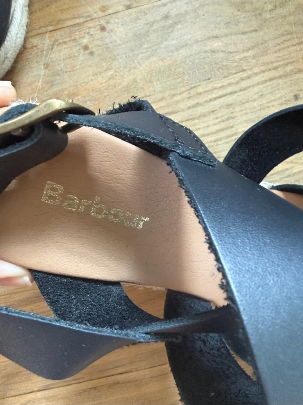 Barbour Black Leather Strappy Sandals with Tan Footbed